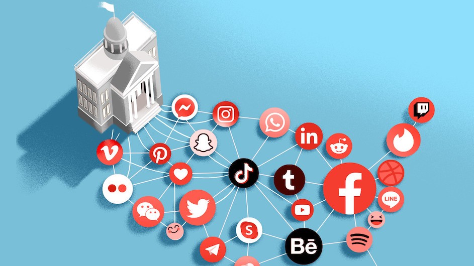 Illustration of a government building with lines connecting to social media icons