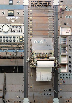 Sounding circuits on a synthesizer at Columbia's Computer Music Center. Synthesizer, Computer Music Center, Columbia University