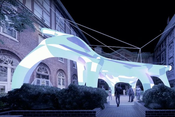 Rendering of Spider, an installation designed as part of Galia Solomonoff and Laurie Hawkinson’s spring 2022 course The Outside in Project. The structure will be realized on the courtyard near Fayerweather, Schermerhorn, and Avery halls in May 2022.