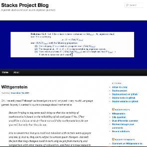 In the Stacks Project Blog, Johan de Jong keeps readers up to date on changes to the site and current topics of discussion. Stacks Project blog