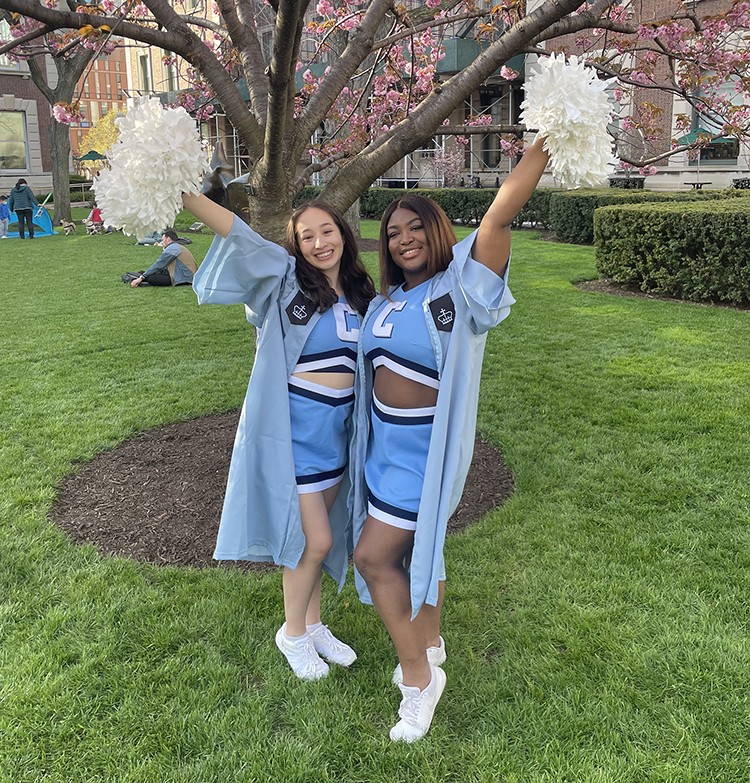 Stefani Parish (BC'22) shared this photo, exuding some serious spirit. Courtesy Stefani Parrish. Stefani Parrish and friend in cheerleading uniform