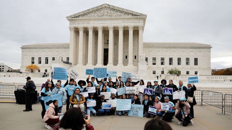 Students protesting outside the  U.S. Supreme Court, which is hearing argument in two cases brought forward by Students for Fair Admissions against Harvard University and the University of North Carolina at Chapel Hill.