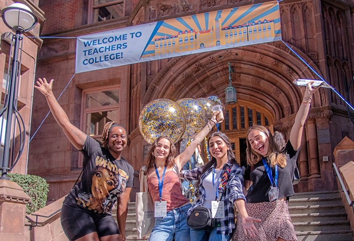 Students pose in front of Zankel Hall at Teachers College during orientation. Photo by Kevin Chiu. Students pose in front of Zankel Hall at Teachers College during Orientation. Photo by Kevin Chiu.