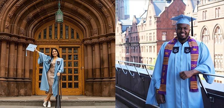 Lauren Salazar (TC’21) at the Zankel Building entrance, and John E. Williams (TC’19) at the landing on the stairs behind Schapiro Hall. Photos courtesy Teachers College. Graduates pose in front of the Zankel door and overlooking the Teachers College Campus.