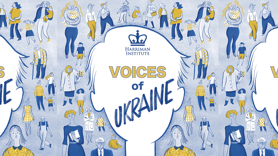 Voices of Ukraine podcast graphic image in blue and yellow