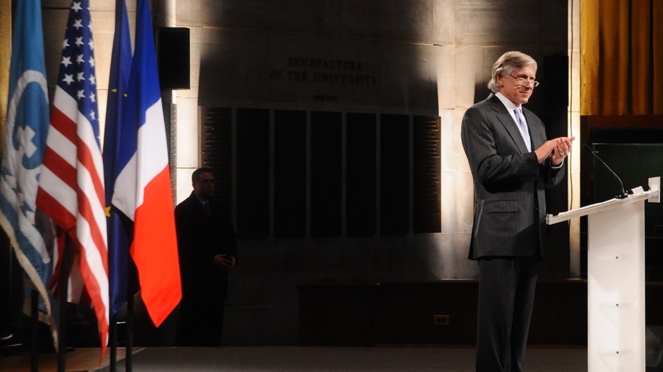 Photo by Eileen Barroso. President Bollinger at World Leaders Forum.