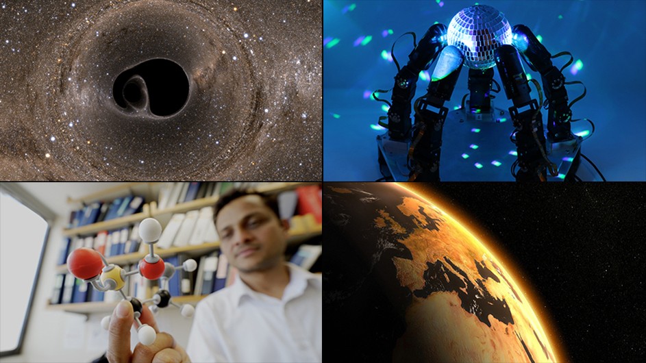 Composite image of a computer rendering of two black holes that are about to merge, a robot hand designed by Columbia engineers, the earth as seen from outer space, and Professor Vijay Yadav holding a model of a taurine molecule.