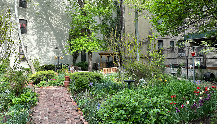 Photo by Kelly Moffitt-Hawasly/Columbia University A serene garden scene in Julia's Garden