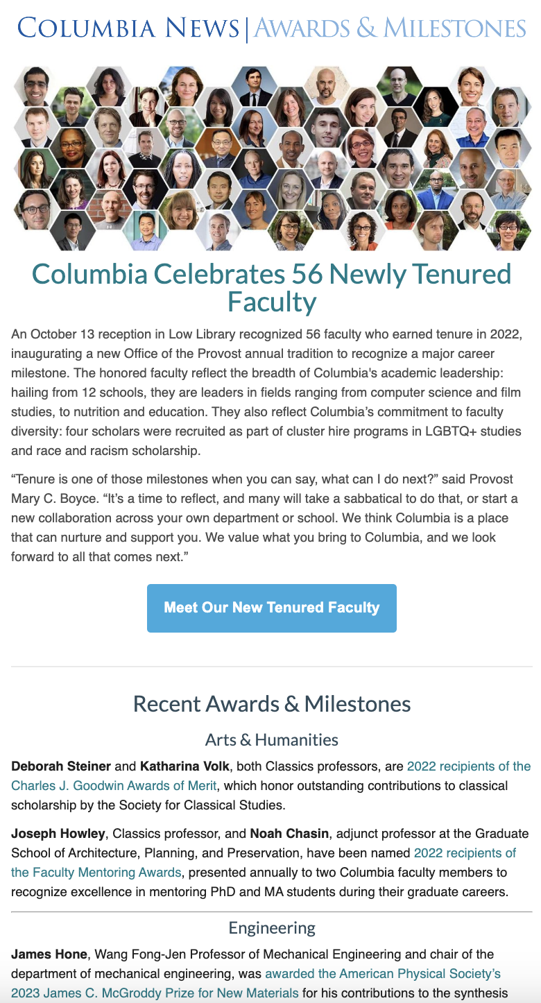 Screenshot of an Awards & Milestones newsletter from fall 2022