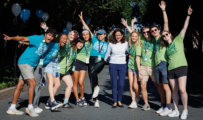 During Move-In, President Shafik expressed her happiness at the start of the semester: “It was such a joy to greet some of our newest Columbians and their families on move-in day. I want to thank the New Student Orientation Program (NSOP) leaders and volunteers, as well as the University colleagues who made this all possible." Photo by Sirin Samman/Columbia Housing. President Minouche Shafik poses with students at Move-In Day