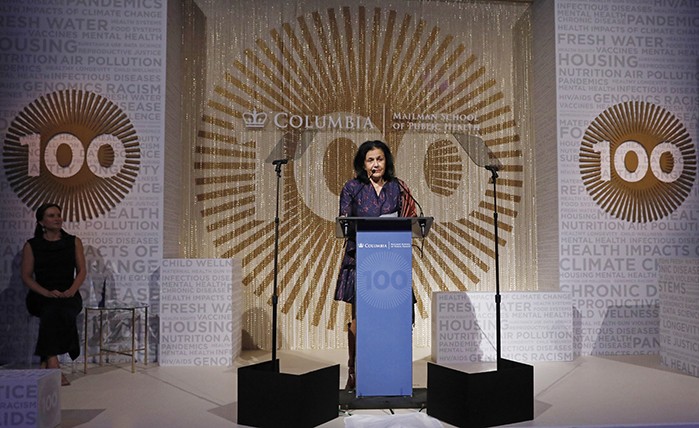Photo by Michael DiVito/Mailman School of Public Health/Columbia University Irving Medical Center. Wafaa El Sadr addresses crowd at centennial gala