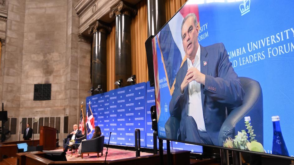 President Luis Abinader Corona of the Dominican Republic speaks at Columbia University's World Leaders Forum on September 18, 2023.