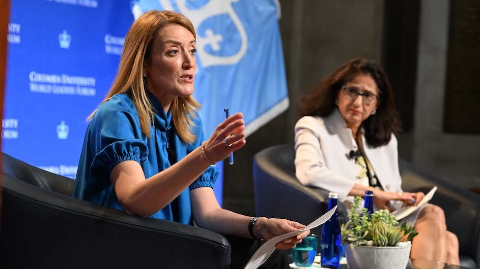 President Roberta Metsola of the European Parliament speaks at Columbia University's World Leaders Forum on September 18, 2023.