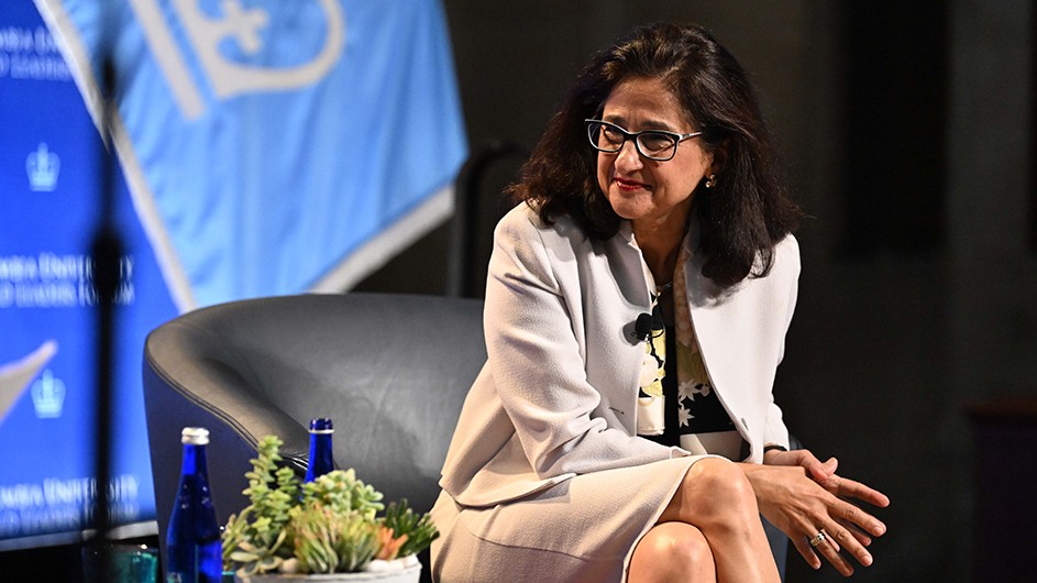 President Minouche Shafik in Columbia's Low Library, presided over her first World Leaders Forum. 