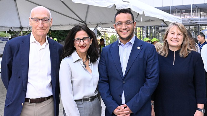 The Great Broadway Sweep rally in Manhattanville. Photo by Eileen Barroso From left: Teachers College President Thomas Bailey, Columbia President Minouche Shafik, New York City Council member Shaun Abreu, and Barnard President Laura Rosenbury.