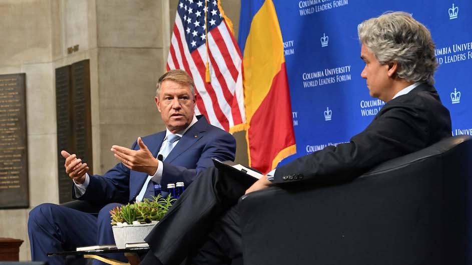 President Klaus Werner Iohannis of Romania speaks at Columbia University's World Leaders Forum on September 21, 2023.