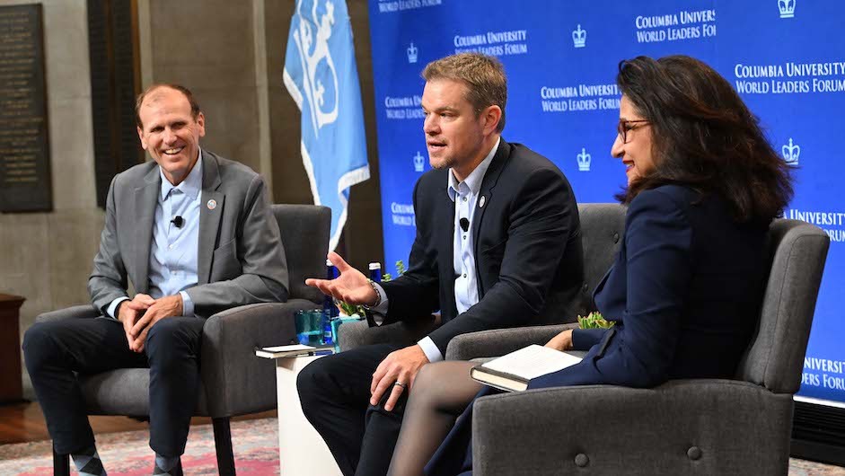 Gary White and Matt Damon, co-founders of Water.org and WaterEquity, speak at Columbia University's World Leaders Forum on September 21, 2023.