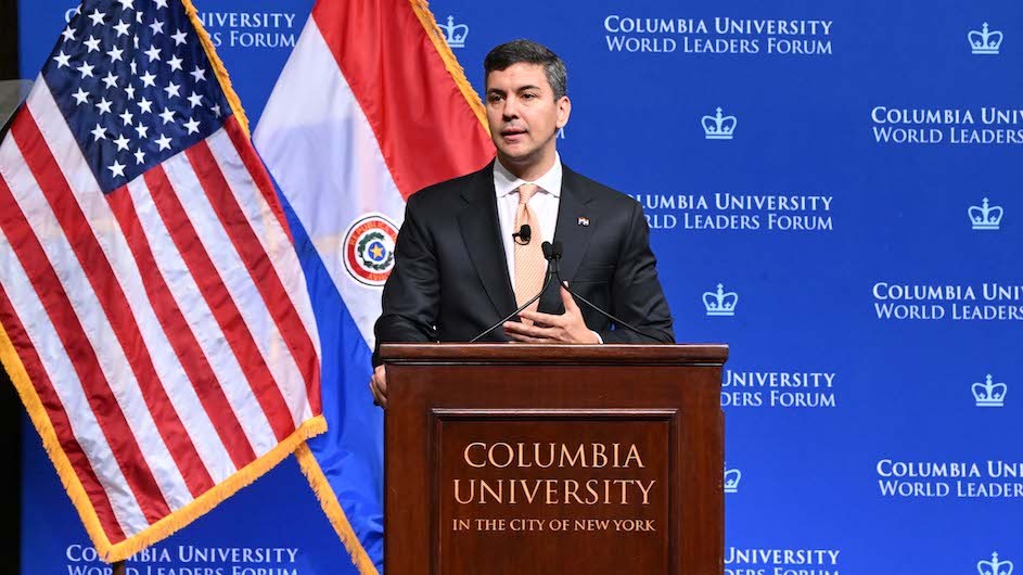 President Santiago Peña Palacios of the Republic of Paraguay speaks at Columbia University's World Leaders Forum on September 22, 2023.