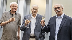 At a reception held in his honor, Louis Brus shared a toast with two previous Nobel laureates in chemistry from Columbia: Joachim Frank (left) and Martin Chalfie (right). Photo by Barbara Alper Nobel laureates in chemistry (from left): Joachim Frank, Louis Brus, and Martin Chalfie share a champagne toast