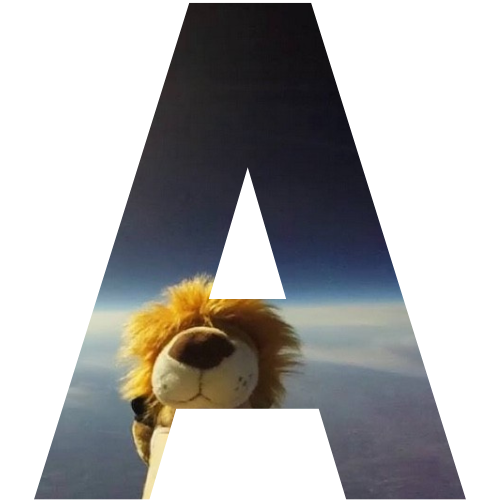 A block letter A with a picture of Roar-ee the lion in space