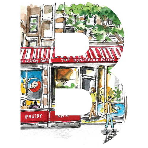 A block letter B with an illustration of the Hungarian pastry shop inside