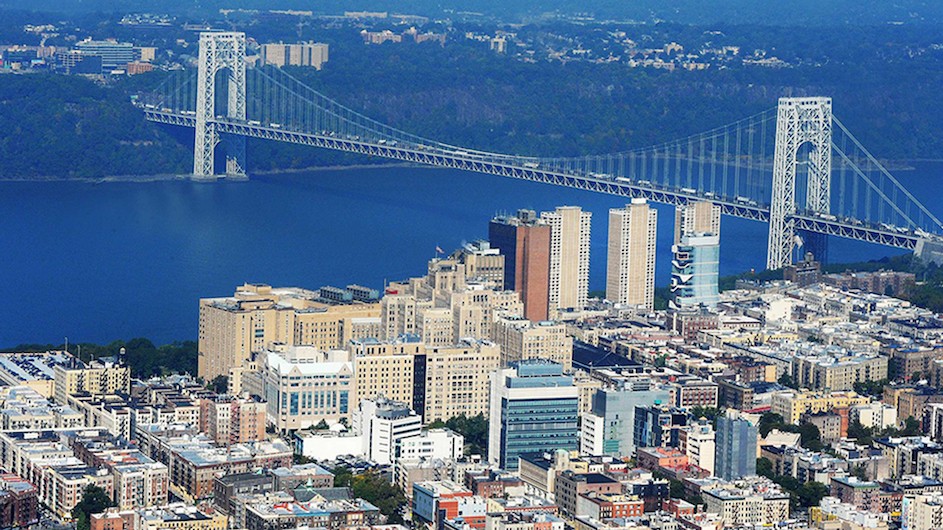 Aerial view of Columbia University Medical Center with George Washington Bridge in the background. 