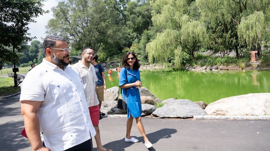 Manhattan Parks Commissioner Anthony Perez; Shaun Abreu, New York City Councilmember for District 7; and Columbia University President Minouche Shafik tour the Morningside Park Pond.