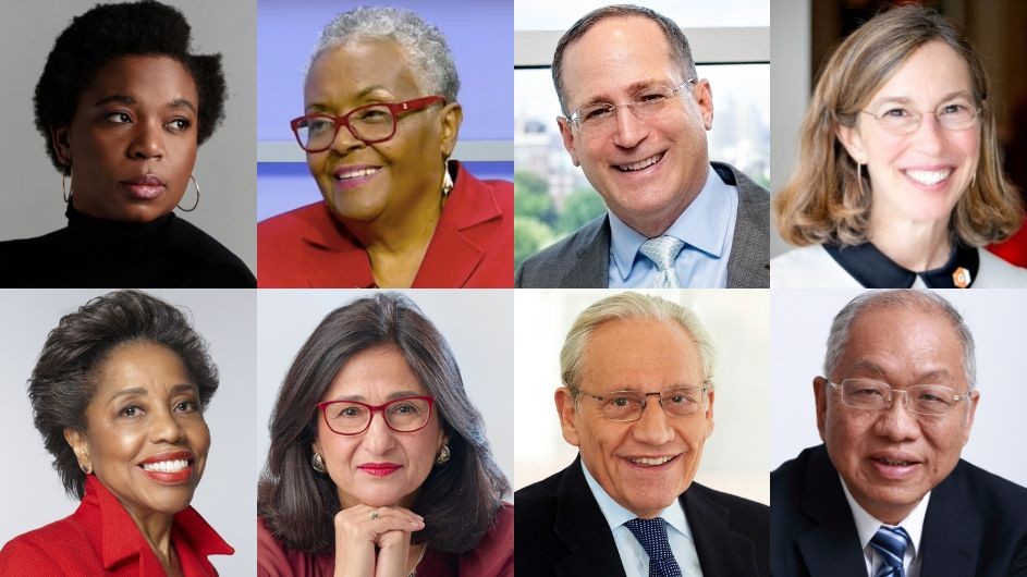 Katori Hall, Joyce Ladner, Jonathan Lavine, Jeannie Lavine, Tania León, Minouche Shafik, Bob Woodward, and Shing-Tung Yau. Composite image of a group of eight men and women.