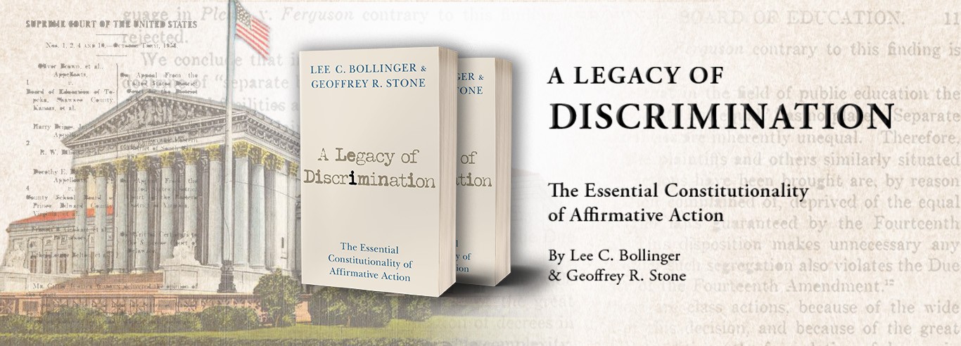 Long, wide image of the book cover with the title, "A Legacy of Discrimination: The Essential Constitutionality of Affirmative Action," next to a photo of the outside of the U.S. Supreme Court. 
