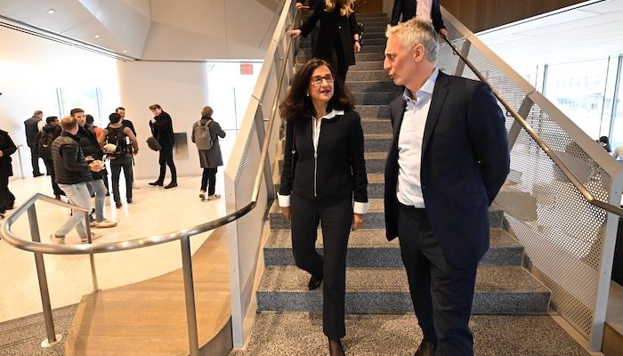 Minouche Shafik with Costis Maglaras, dean of Columbia Business School in Manhattanville