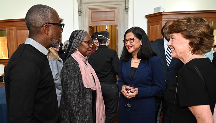 Minouche Shafik with Farah Jasmine Griffin and Mary Boyce at a faculty reception.