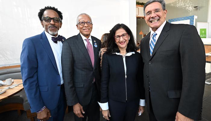 Assemblyman Al Taylor, Senator Robert Jackson, Minouche Shafik, and Presiding Justice Rolando T. Acosta.