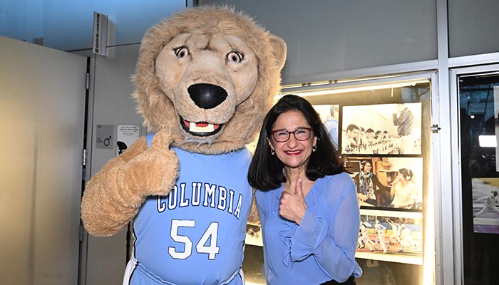 Minouche Shafik with Columbia's mascot, Roaree
