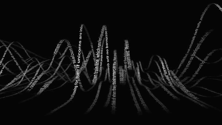 Ribbons of text illustrating the generative capabilities of AI technology.