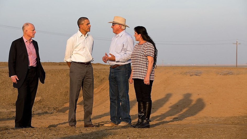 President Barack Obama with farmer Joe Del Bosque, who was interviewed for the oral history project; his wife, Maria; and California Gov. Jerry Brown in Los Banos, California, February 14, 2014. Photo credit: Pete Souza President Barack Obama speaking with farmers in California about the drought.