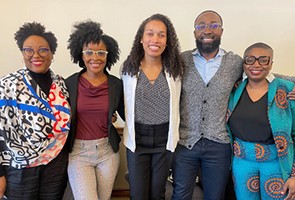 “Black Joy” panel moderator Courtney Cogburn (far left) with panelists Natasha Johnson, Marissa Thompson, Charles Lea, and Nkemka Anyiwo. Credit: Adina Berrios Brooks 