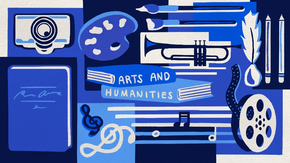 A drawn collage of arts and humanities imagery. 