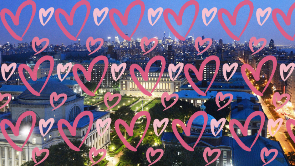 An aerial of Morningside campus with graphic hearts on top of it.