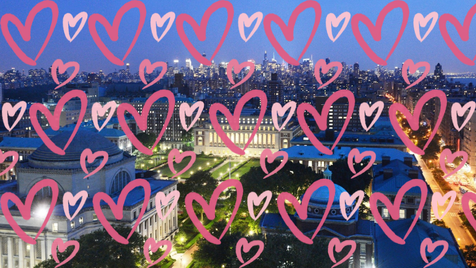 An aerial of Morningside campus with graphic hearts on top of it. 