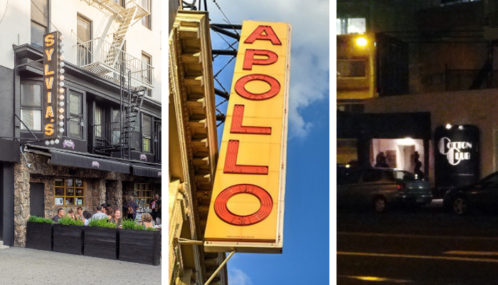Pictured left to right: Sylvia's Restaurant, the Apollo Theater, and the Cotton Club. Photos courtesy Wikimedia Commons. Sylvia's Restaurant, Apollo Theatre sign, and Cotton Club entrance.