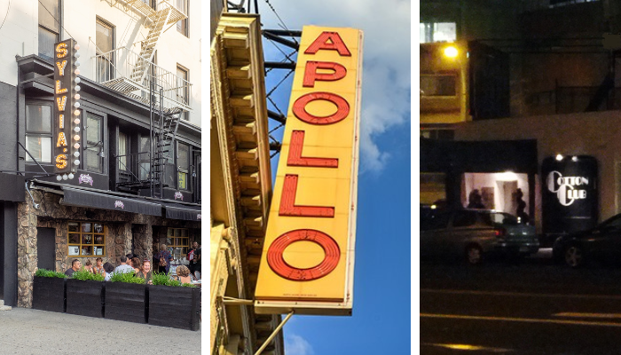 Sylvia's Restaurant, Apollo Theatre sign, and Cotton Club entrance.