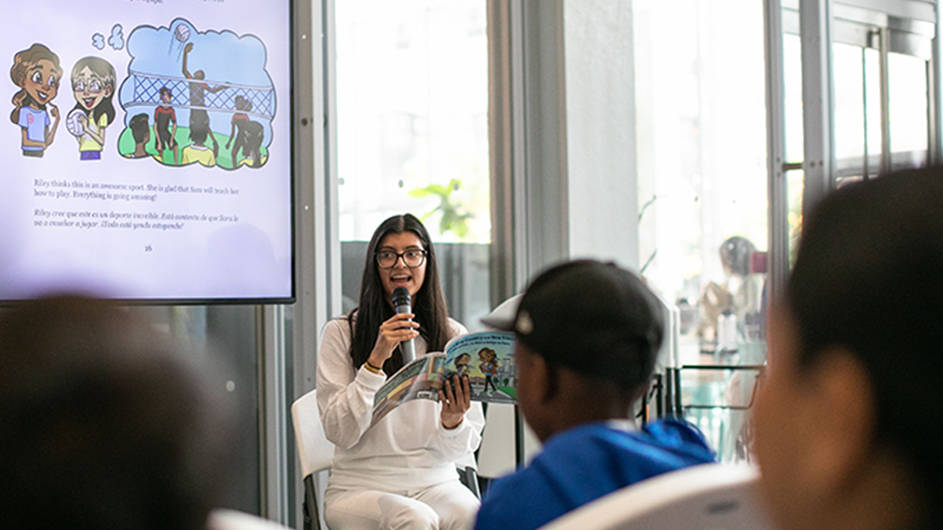 Daniela Palacios speaks to students at The Forum in Manhattanville