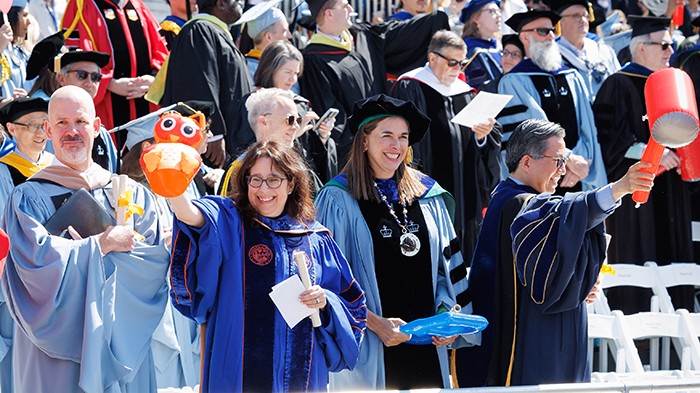 Reppin'. From left to right: Troy Eggers (BUS'05), Dean of the School of Professional Studies; Lisa Rosen-Metsch (GS'90), Dean of the School of General Studies; Sian Beilock, President of Barnard College; and Shih-Fu Chang, Dean of the School of Engineering and Applied Science. Photo by Sirin Samman. Deans of Columbia schools at Commencement