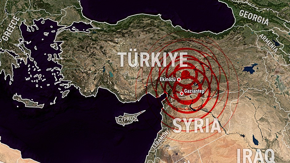 A map of the 7.8 magnitude earthquake in Turkey and Syria. 