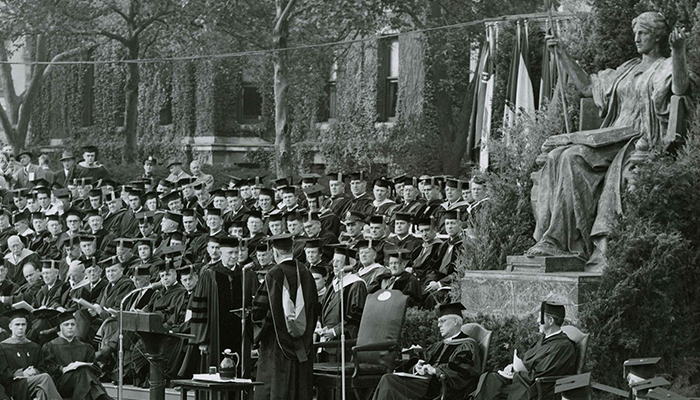 Installation of Dwight D. Eisenhower, 1948. Photo courtesy Columbia University Archives. President Dwight D. Eisenhower is installed as Columbia President.
