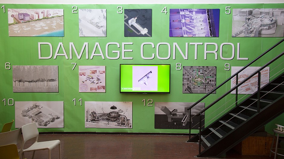 Work by Master of Architecture students, Spring 2023 Core II "Damage Control" Studio led by Mark Wasiuta. Graduate School of Architecture, Planning, and Preservation. end of year show display, GSAPP