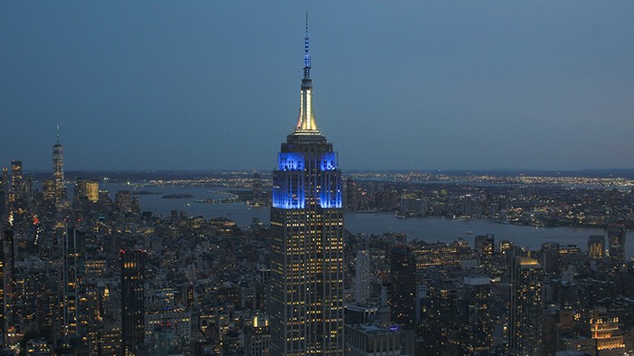 On the night of May 17, the Empire State Building was lit blue and white for Columbia's Class of 2023. Here is the iconic fixture in the NYC skyline, seen from Summit One Vanderbilt. Photo by David Dini. The Empire State Building at dusk.