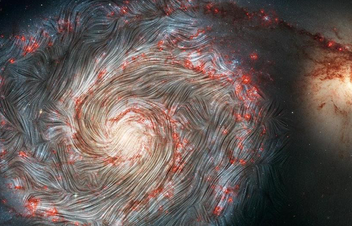 The magnetic field in the Whirlpool Galaxy (M51), captured by NASA's flying Stratospheric Observatory for Infrared Astronomy (SOFIA) observatory superimposed on a Hubble telescope picture of the galaxy. 