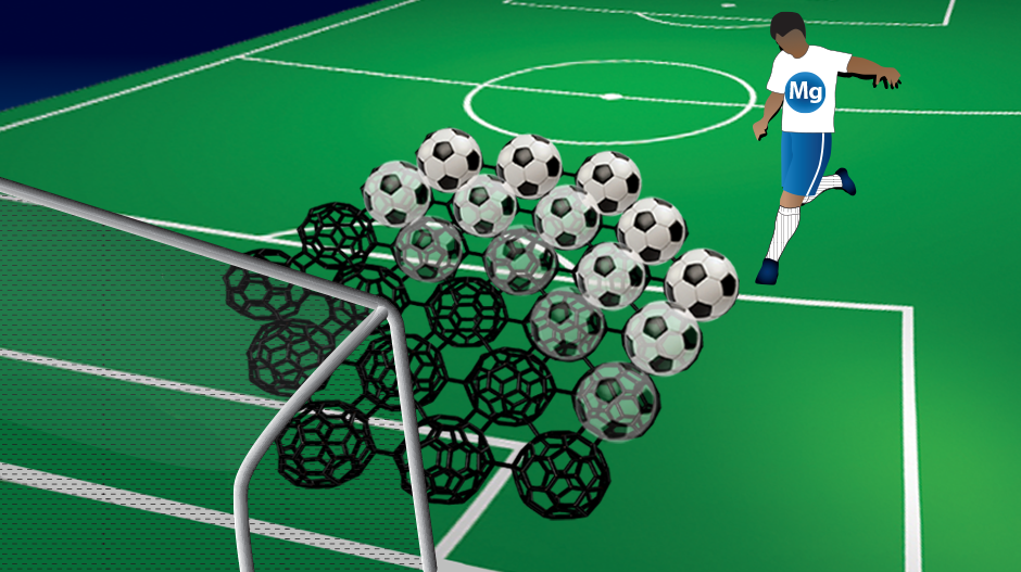 An illustration of a soccer player kicking a ball into a set of soccer balls arranged in the shape of graphullerene, a new form of carbon. The fullerene molecules that make up graphullerene are often referred to as "soccer balls."