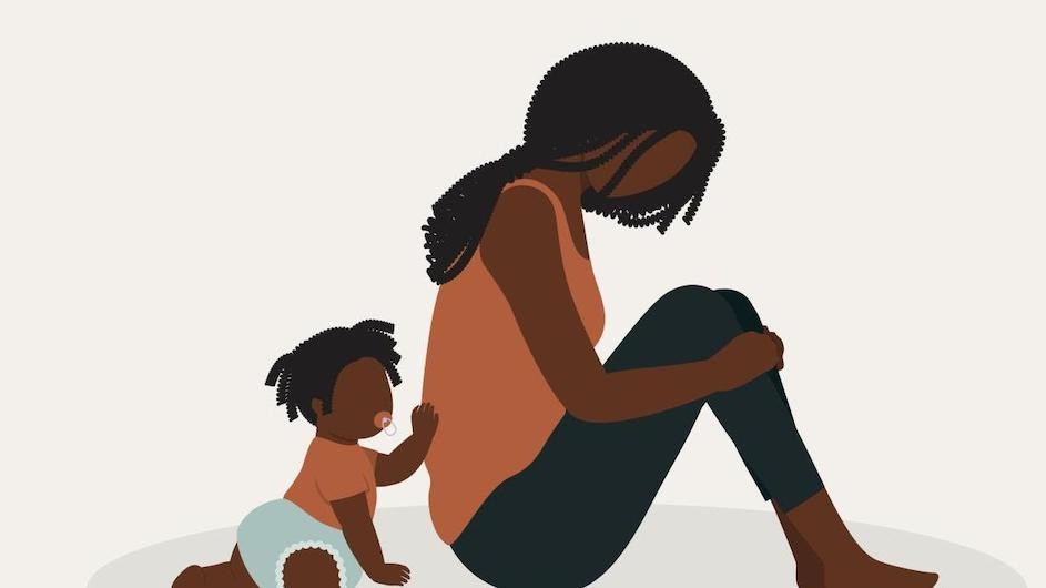 Illustration of a parent turned away from a baby.